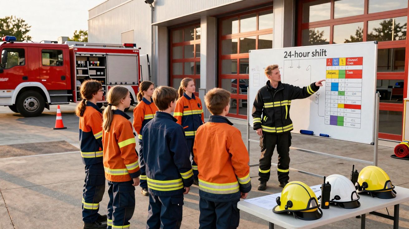 Bombeiros jovens reunidos em formação ao ar livre com um instrutor a explicar turnos num quadro branco.