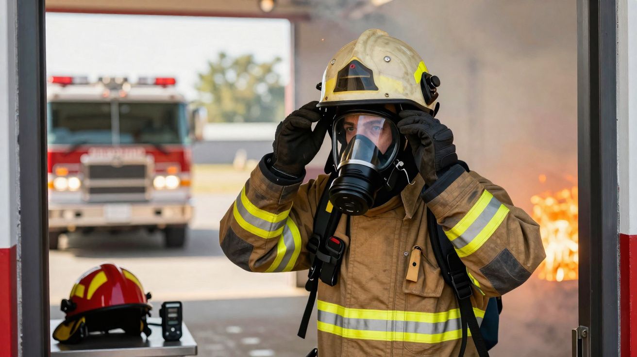 Bombeiro equipado com fato de proteção e máscara, preparando-se para combate a incêndio com fogo ao fundo.