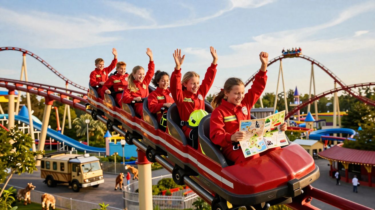 Crianças felizes em carrinho de montanha-russa vermelho num parque de diversões ao entardecer.