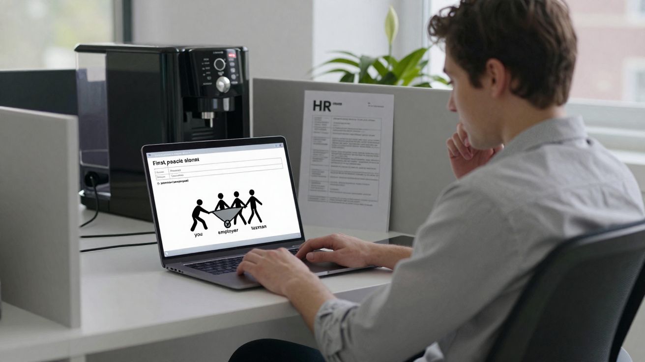 Homem a trabalhar num laptop com gráfico de quatro figuras a puxar uma corda numa divisão de escritório moderna.