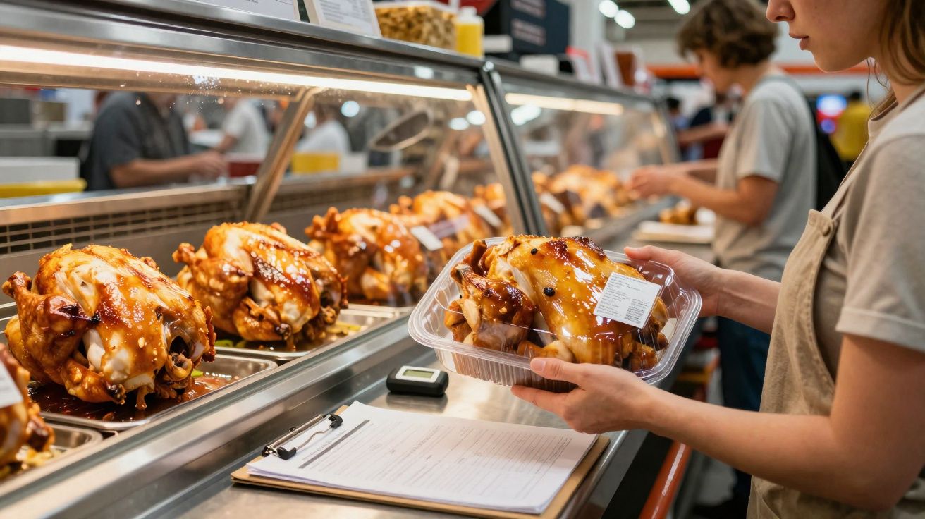 Pessoa a embalar frangos assados num supermercado com várias peças expostas num balcão de vidro.