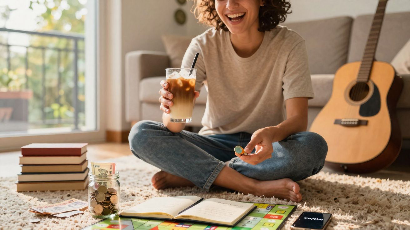 Mulher sorridente sentada no chão a beber café gelado e jogar um jogo de tabuleiro em casa.