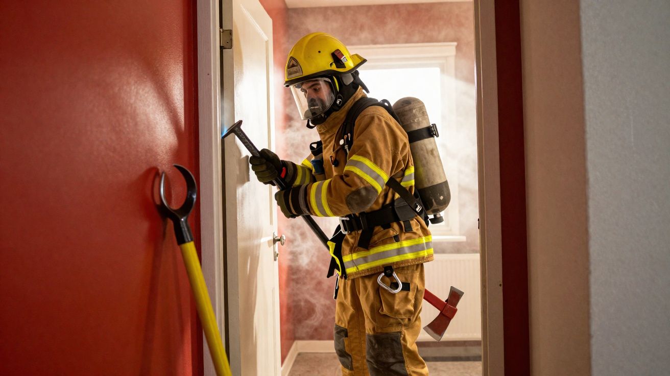 Bombeiro equipado abrindo porta com ferramenta em casa com fumo e luz natural na janela.