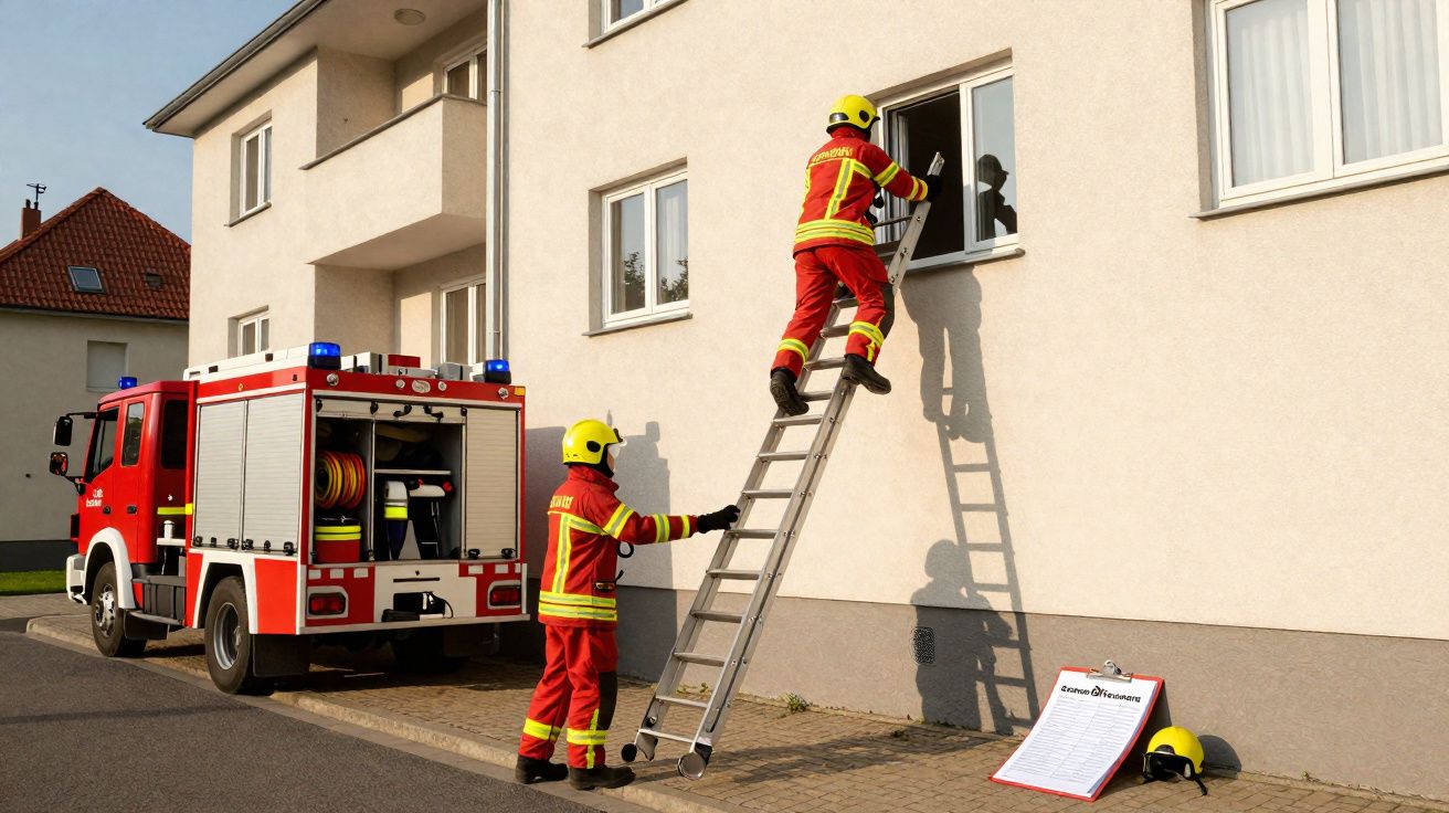 Bombeiros em uniforme a colocar escada para entrar numa janela de edifício, com carro de bombeiros estacionado.