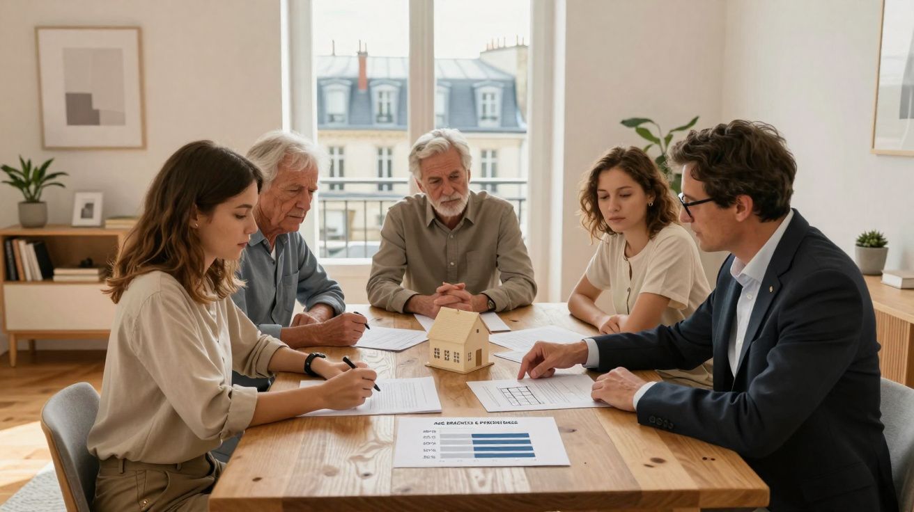 Grupo multigeracional em reunião à volta de mesa com maquete de casa, papéis e gráficos, discutindo contrato imobiliário.