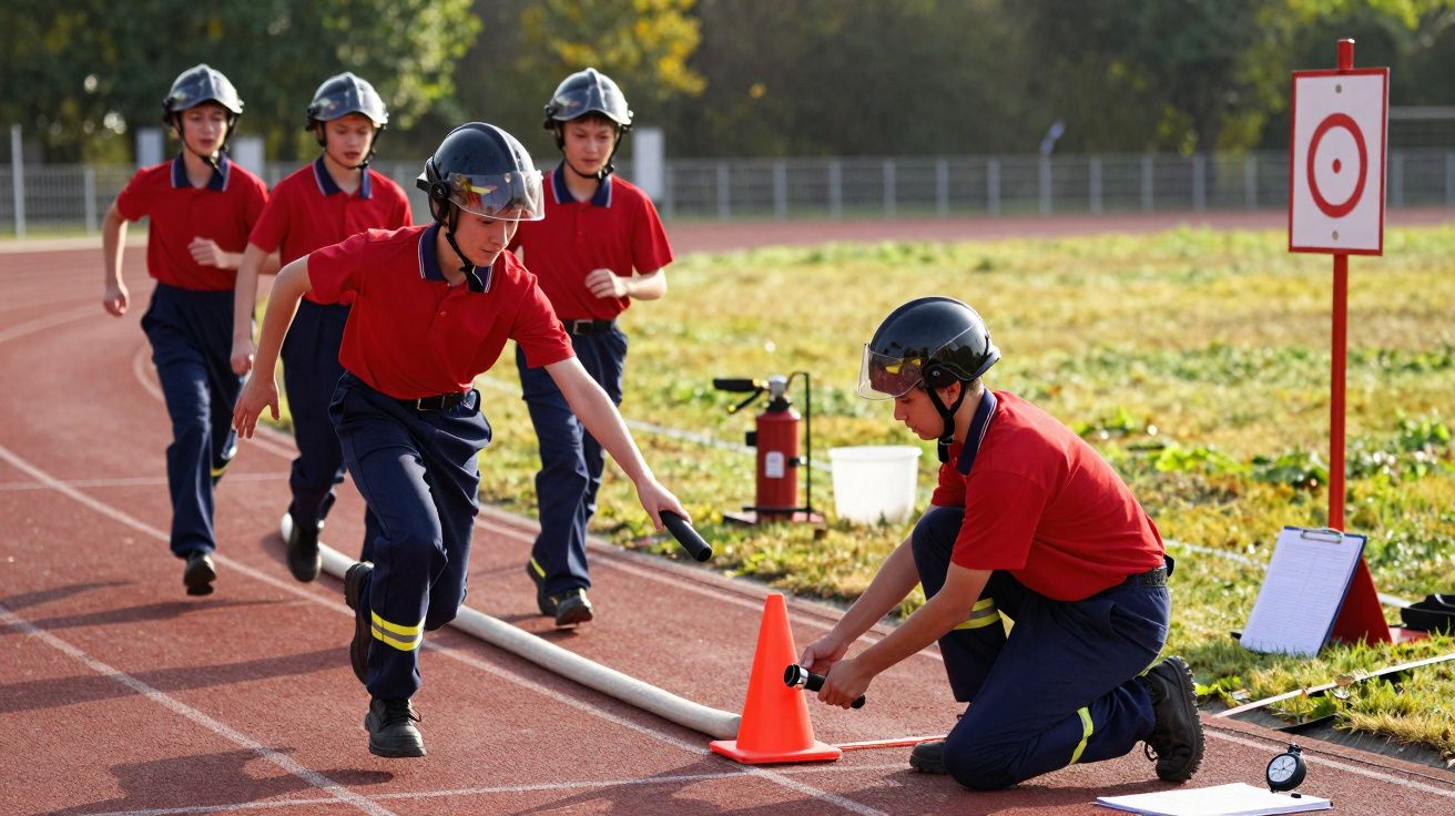 Jovens em treino de bombeiros, vestindo capacetes e uniformes, manuseando mangueiras numa pista de atletismo.