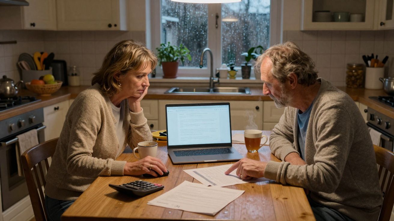 Casal sentado à mesa da cozinha, a analisar documentos e contas com um portátil aberto à frente.