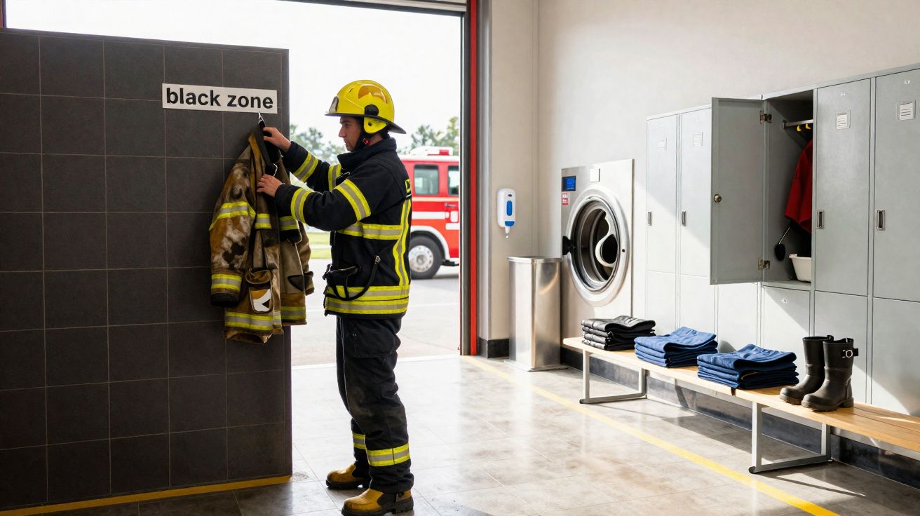 Bombeiro com fato de proteção pendurado na área designada "black zone" em estação de bombeiros.