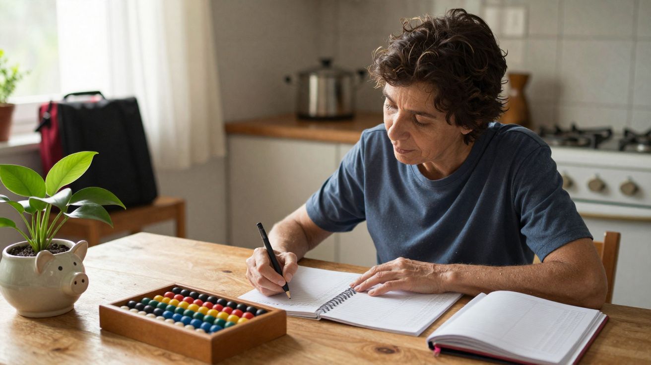 Pessoa sentada à mesa a escrever num caderno, com um ábaco colorido e uma planta ao lado, numa cozinha.