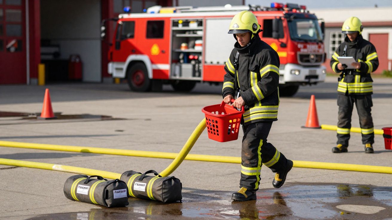 Bombeiros em treino prático com mangueiras de incêndio e camião de bombeiros ao fundo.