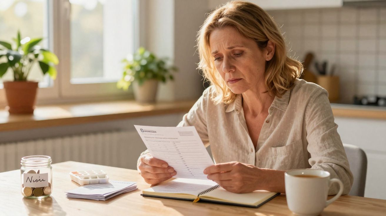 Mulher preocupada a analisar uma fatura sentada à mesa com caderno, calculadora, dinheiro e chá numa cozinha iluminada.