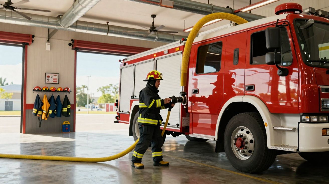 Bombeiro vestido, a ligar mangueira de água a um camião de bombeiros numa garagem ampla e bem iluminada.