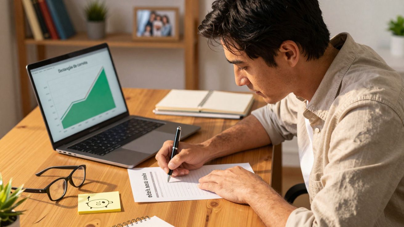 Homem a trabalhar numa secretária com computador, escrevendo e analisando gráficos financeiros.