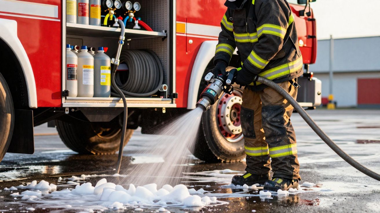 Bombeiro a usar equipamento a esguichar água e espuma junto a um camião de incêndio vermelho.