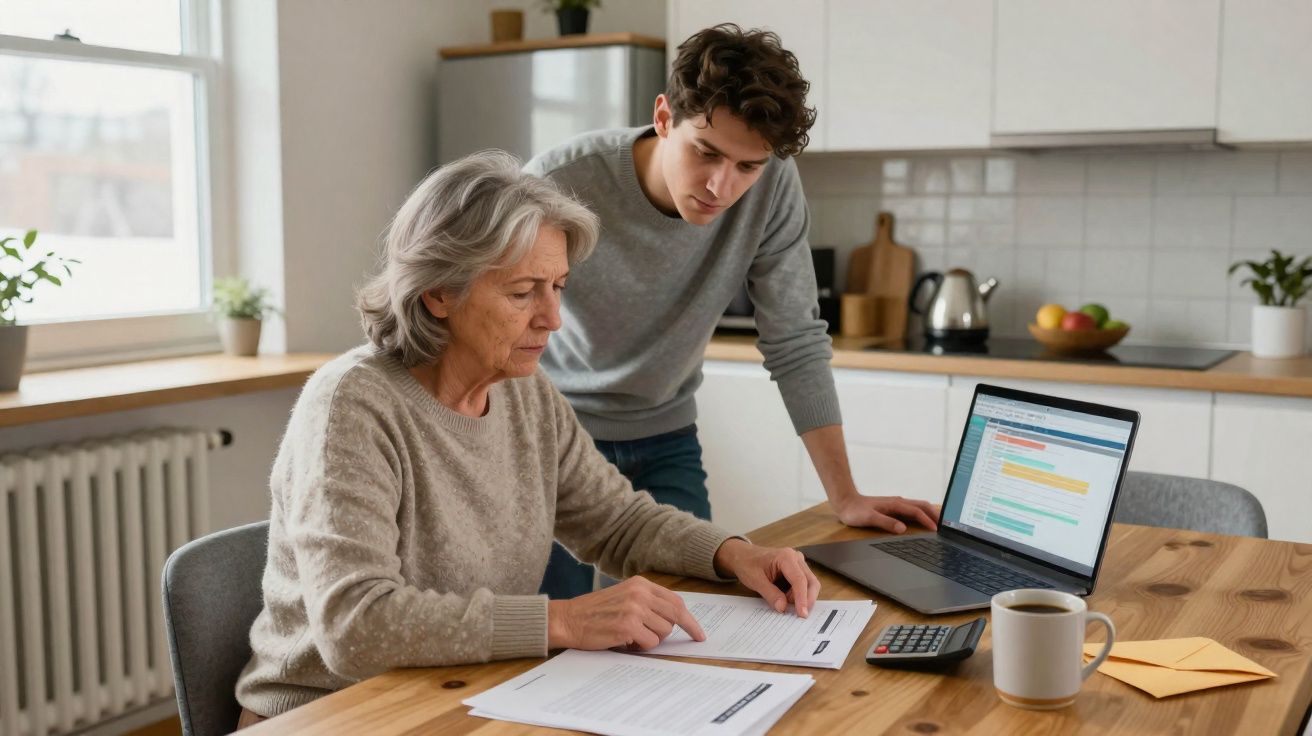 Mulher sénior e jovem a analisar documentos financeiros numa cozinha moderna, com laptop e calculadora.