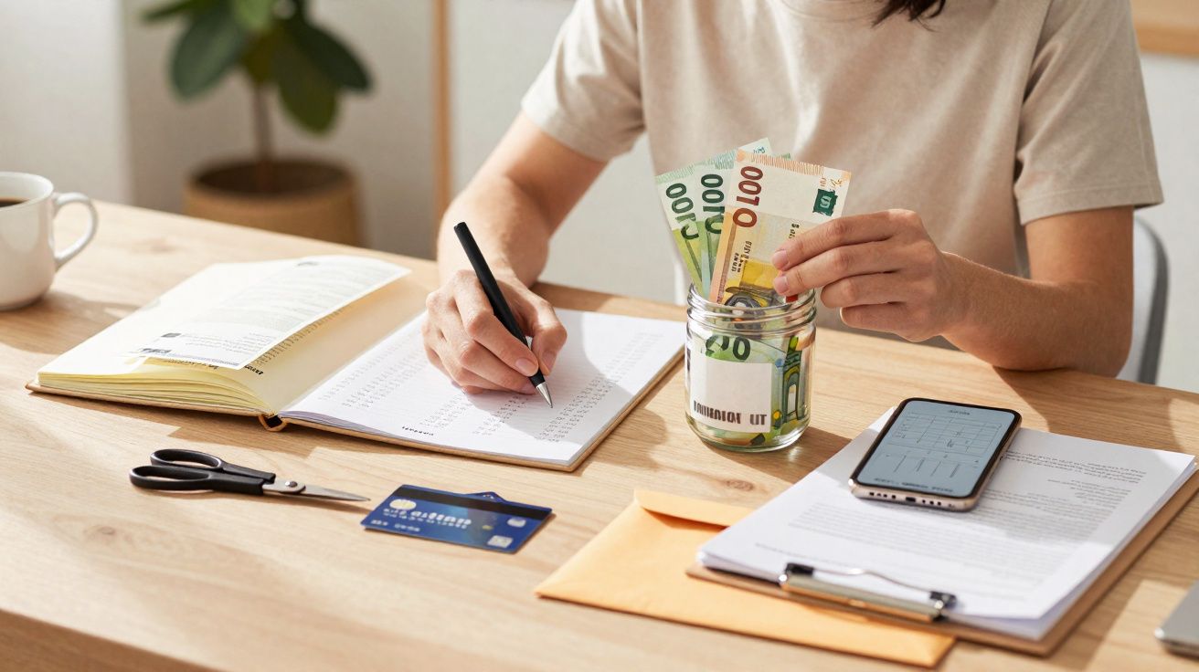 Pessoa a gerir finanças com caderno, jarro com dinheiro, telemóvel, cartão e documentos num escritório.