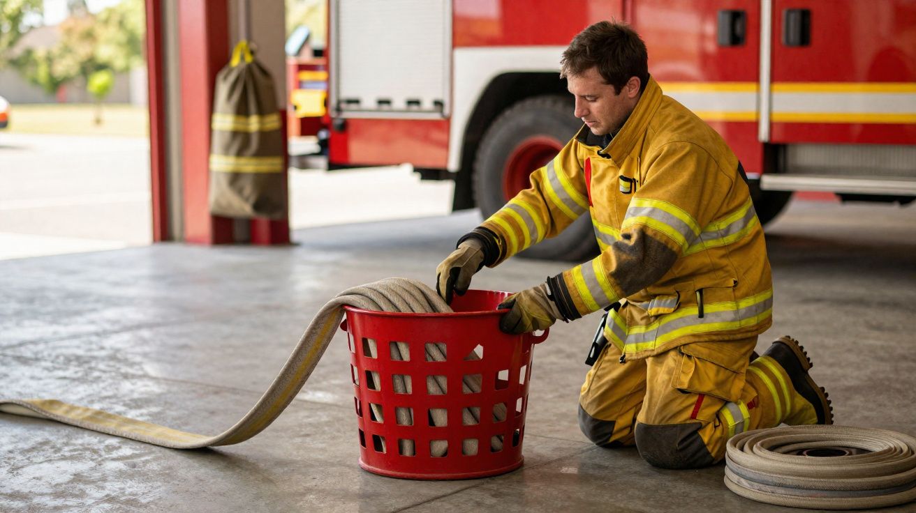 Bombeiro com farda amarela enrola mangueira vermelha junto a carro de bombeiros numa garagem.