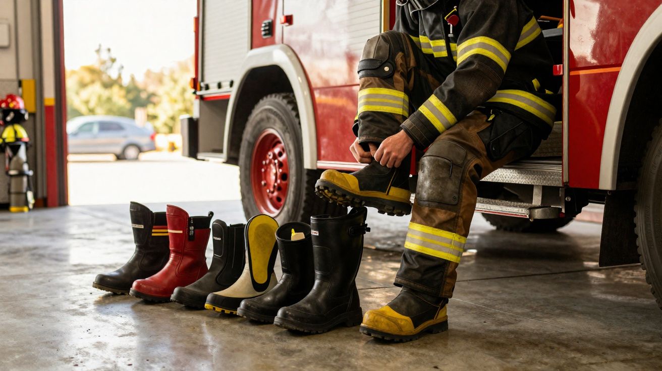 Bombeiro a calçar botas ao lado de várias botas alinhadas junto a um camião de bombeiros vermelho.