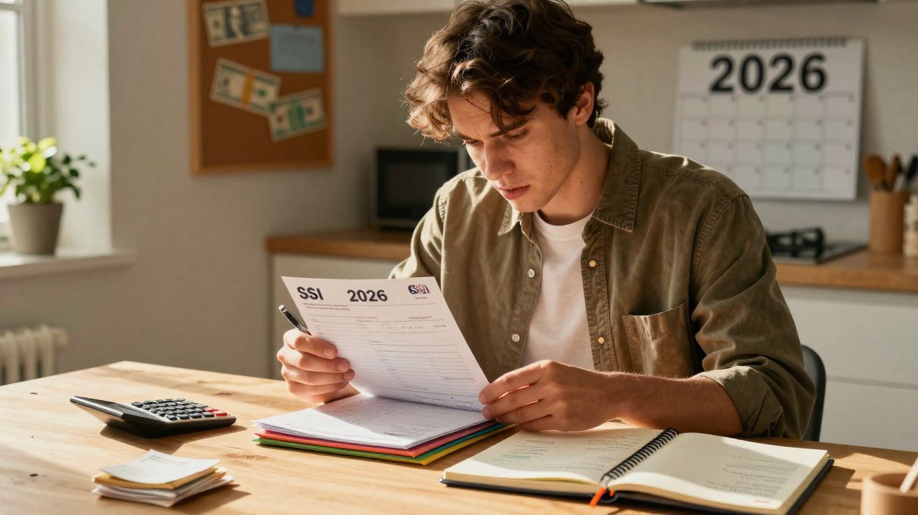 Jovem sentado à mesa a analisar documento com ano 2026, rodeado de livros e calculadora.
