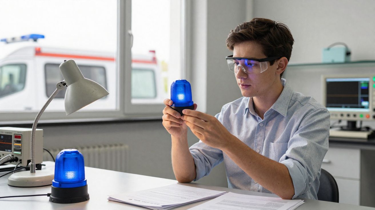 Jovem com óculos de proteção examina luz azul de emergência num laboratório com equipamento médico.
