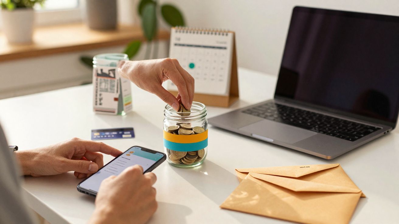 Pessoa colocando moedas num frasco, com telemóvel, envelopes e computador portátil sobre a mesa.