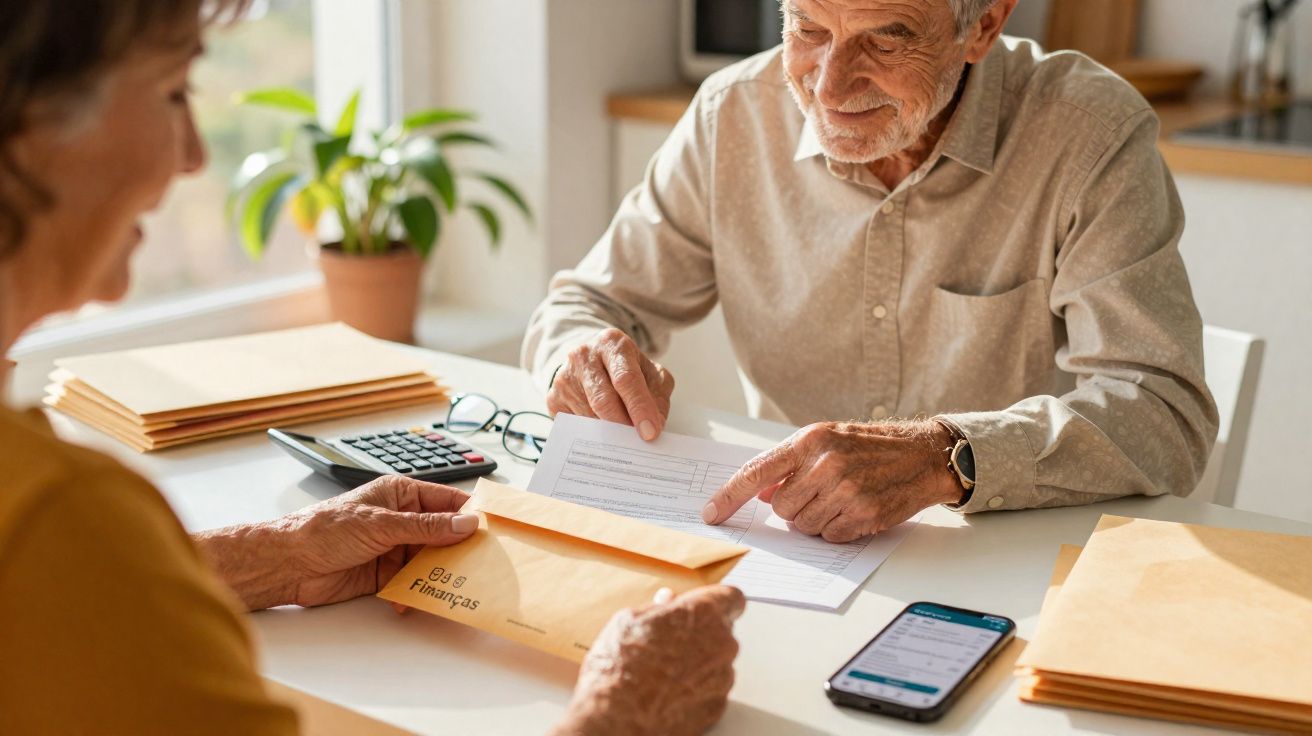 Casal sénior a analisar documentos financeiros na cozinha, com envelopes e calculadora na mesa.