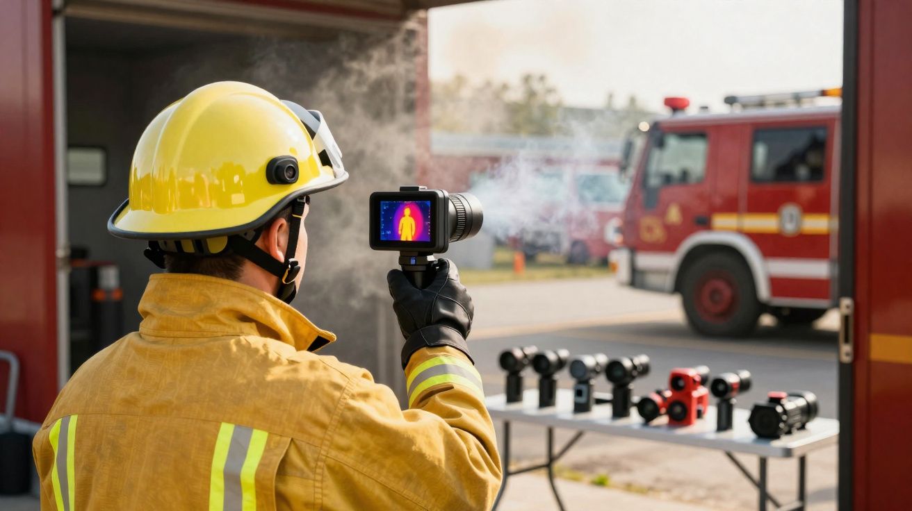 Bombeiro com capacete amarelo a usar câmara térmica para medir temperatura junto a viatura de incêndio.