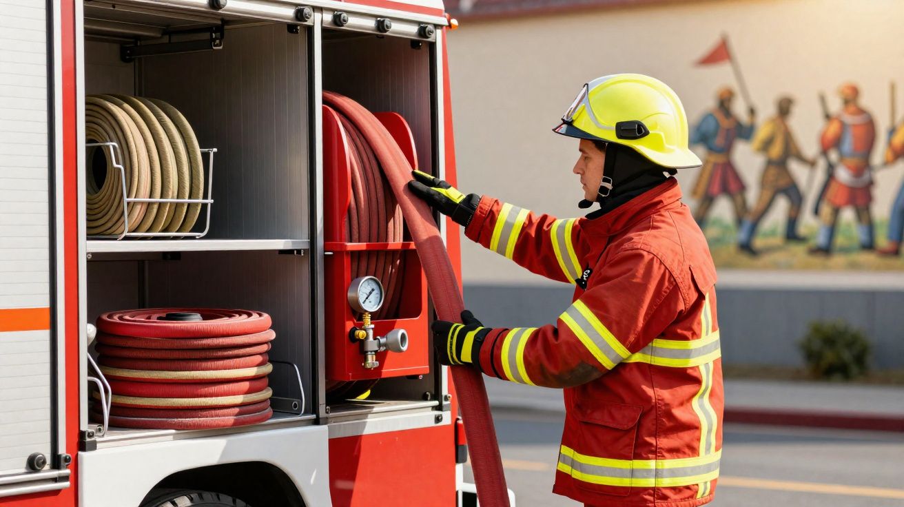 Bombeiro com capacete e farda vermelha a recolher mangueira de incêndio de camião de bombeiros.