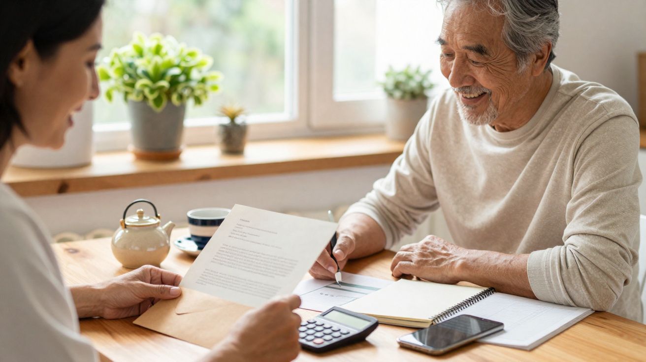 Homem e mulher sentados à mesa, a analisar documentos e a calcular números com calculadora.