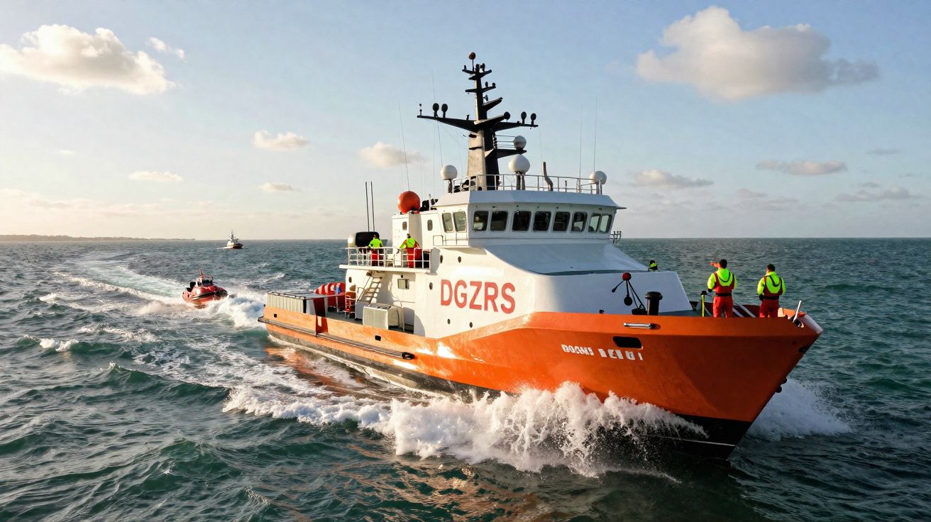 Barco de salvamento marítimo DGZRS a navegar no mar com tripulantes a bordo e bote a motor ao fundo.