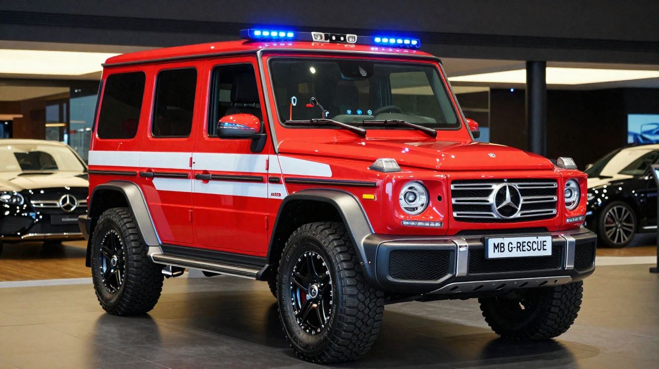 Veículo vermelho de emergência Mercedes-Benz G-Class com sirene azul, usado para resgate, em exposição interior.