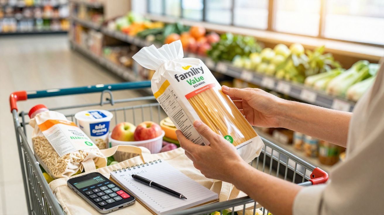 Pessoa a segurar pacote de esparguete numa mão com um carrinho de compras e legumes ao fundo.