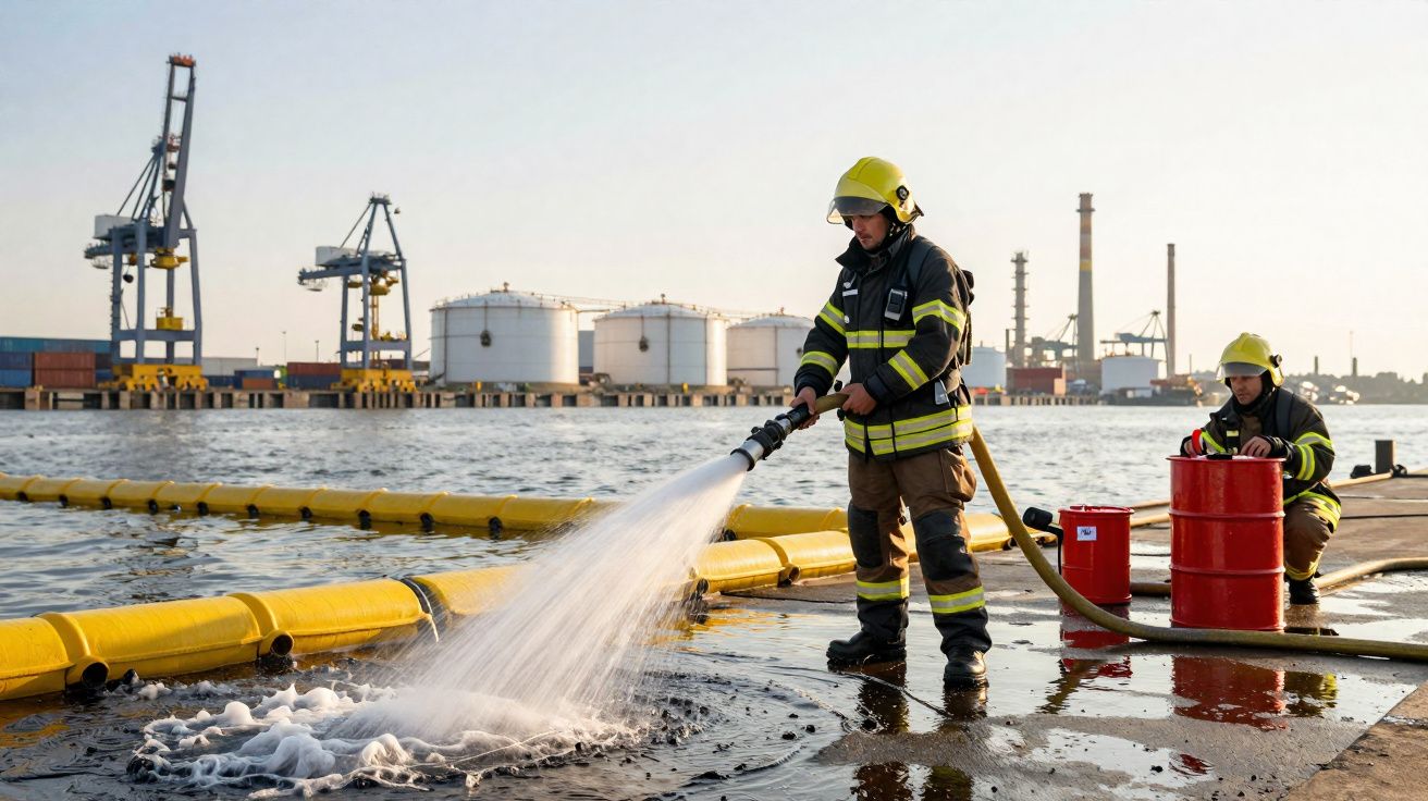 Dois bombeiros com equipamentos a controlar derrame de óleo numa doca industrial, com tanques e guindastes ao fundo.