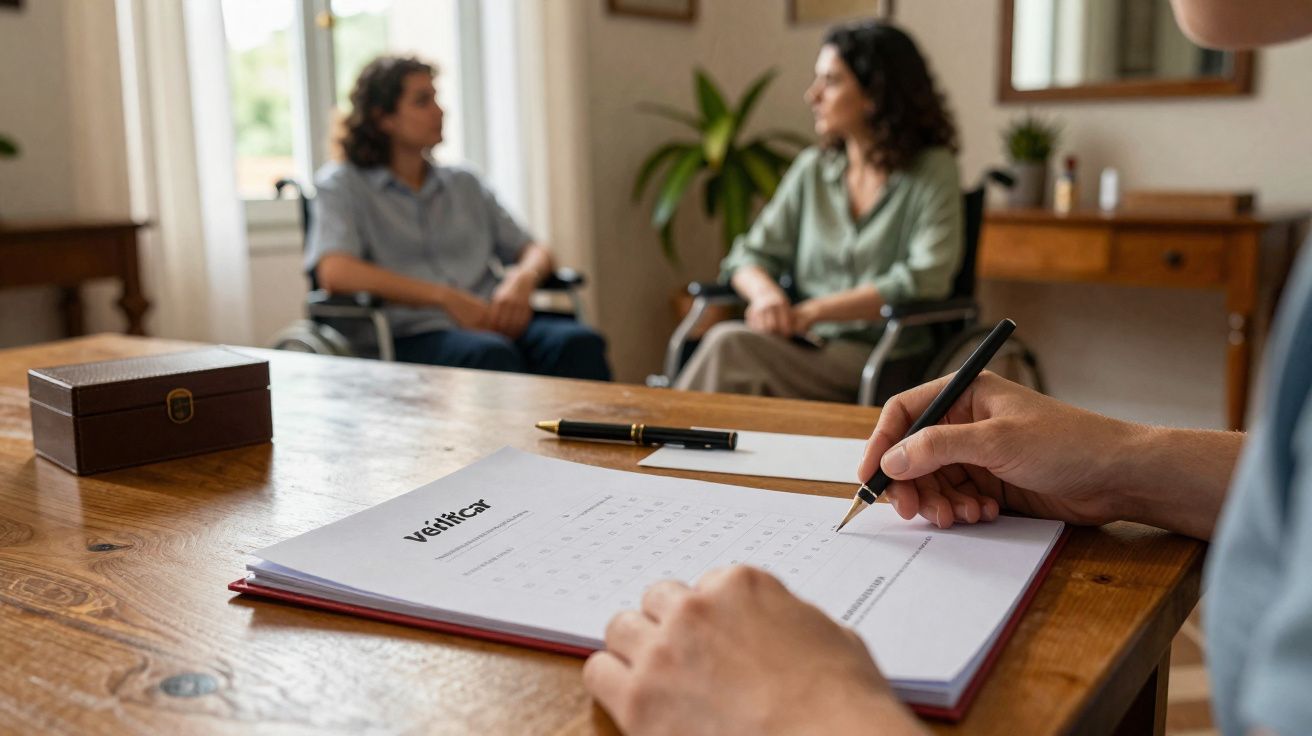 Pessoa a preencher formulário de avaliação durante consulta com duas mulheres sentadas em cadeiras de rodas.