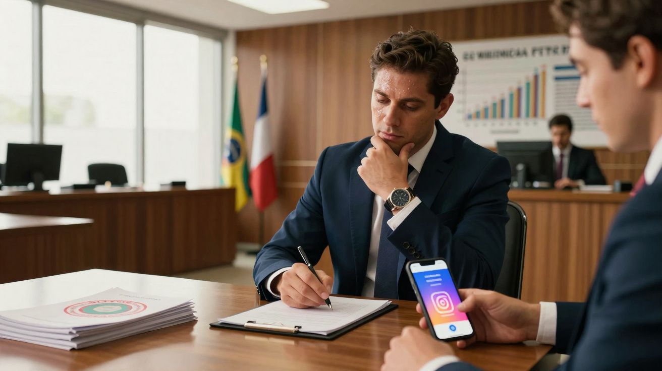 Homens de negócios em reunião, um a tomar notas e outro a segurar telemóvel com app Instagram aberta.