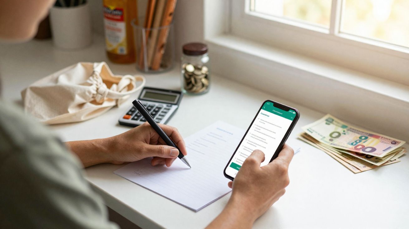 Pessoa a preencher documento com caneta enquanto consulta informação numa aplicação de smartphone, ao lado estão notas de eur