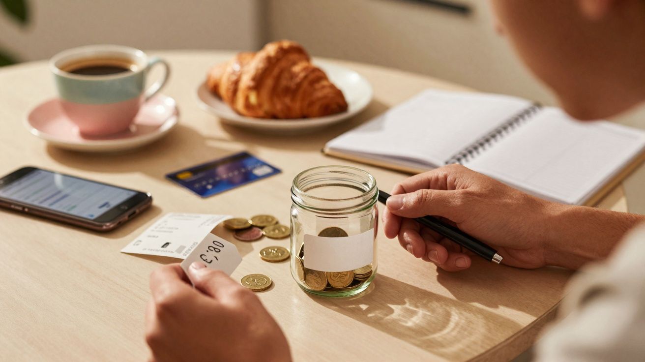 Pessoa a organizar finanças com moedas num frasco, recibo, cartão e café sobre a mesa.