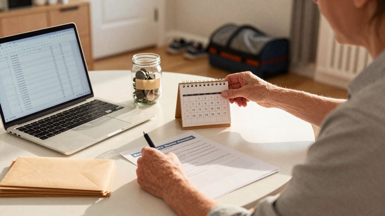 Pessoa a preencher formulário junto a calendário, computador portátil e frasco com moedas numa mesa branca.