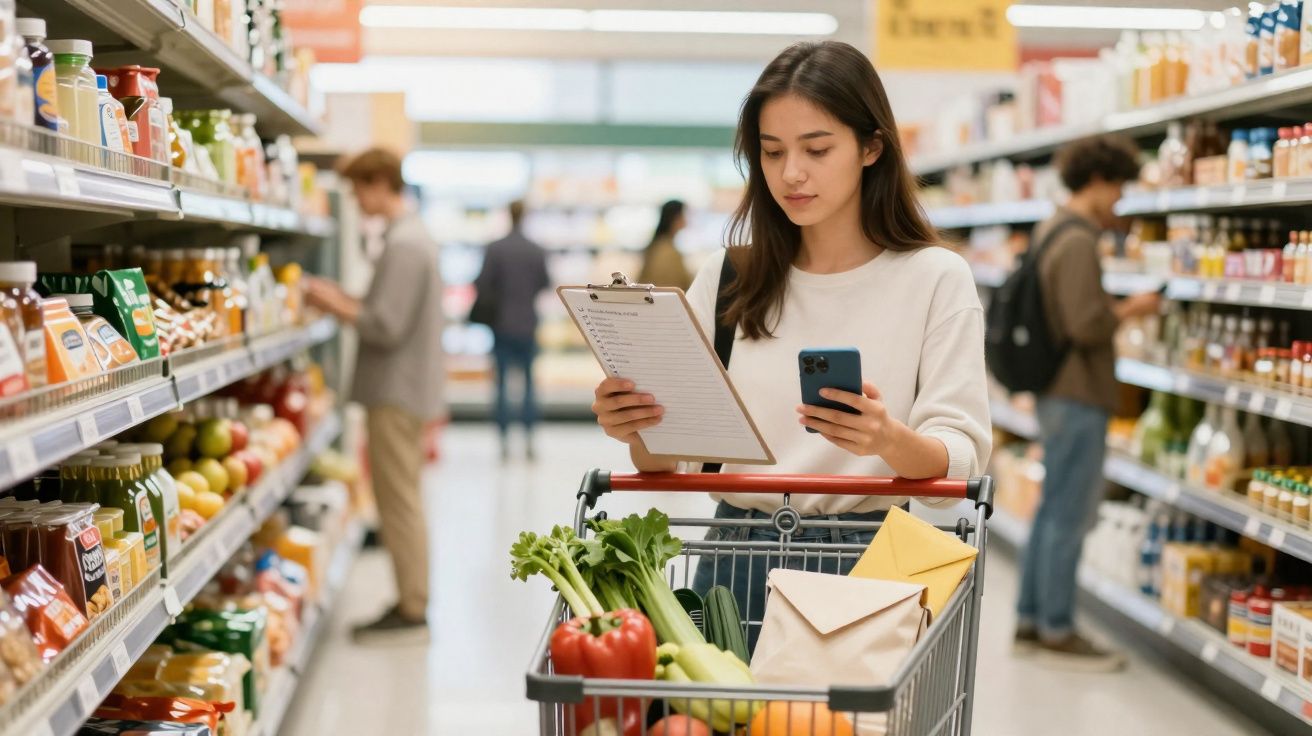 Jovem com carrinho cheio de legumes e envelopes verifica lista de compras e usa telemóvel num supermercado.