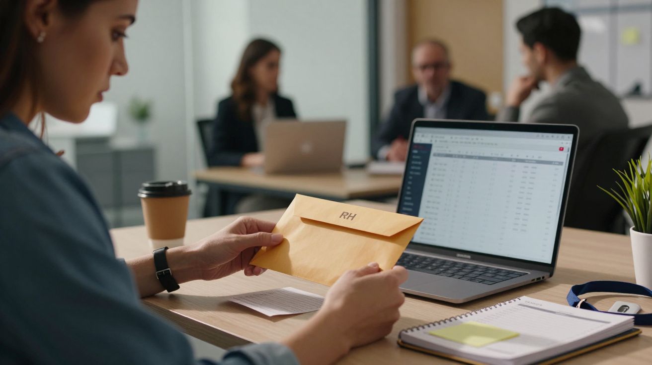 Pessoa a abrir envelope marcado com RH numa mesa de escritório com computador e caderno, e outras pessoas ao fundo.