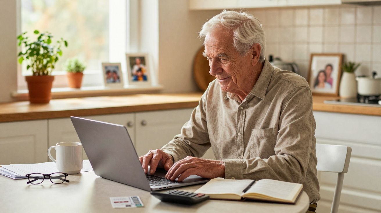 Idoso sentado numa cozinha a usar computador portátil com caderno, calculadora e óculos sobre a mesa.