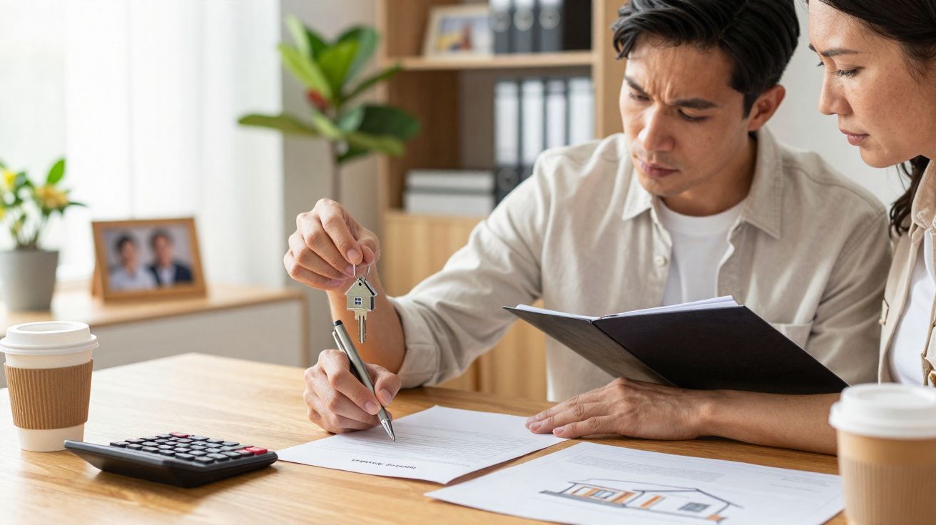 Casal a assinar contrato com chave de casa em ambiente de escritório com documentos e calculadora.