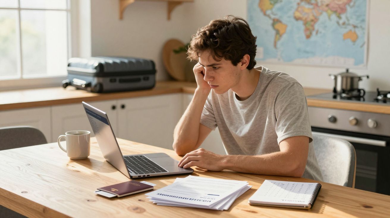 Jovem sentado numa cozinha a usar laptop com documentos, passaporte e caderno numa mesa perto de uma caneca.