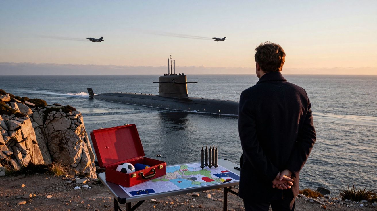 Homem observa submarino a navegar no mar ao pôr do sol, com aviões militares a sobrevoar e mesa com mapas e munições.