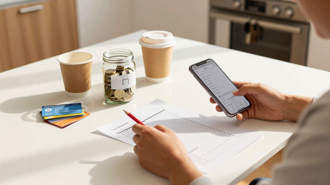 Pessoa a organizar finanças com smartphone, papel, lápis, cartões, moedas num frasco e cafés numa mesa branca.