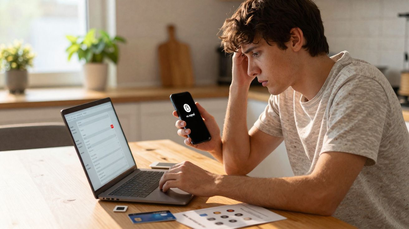 Jovem preocupado a usar computador portátil e telefone, com app de senha aberta, numa cozinha luminosa.