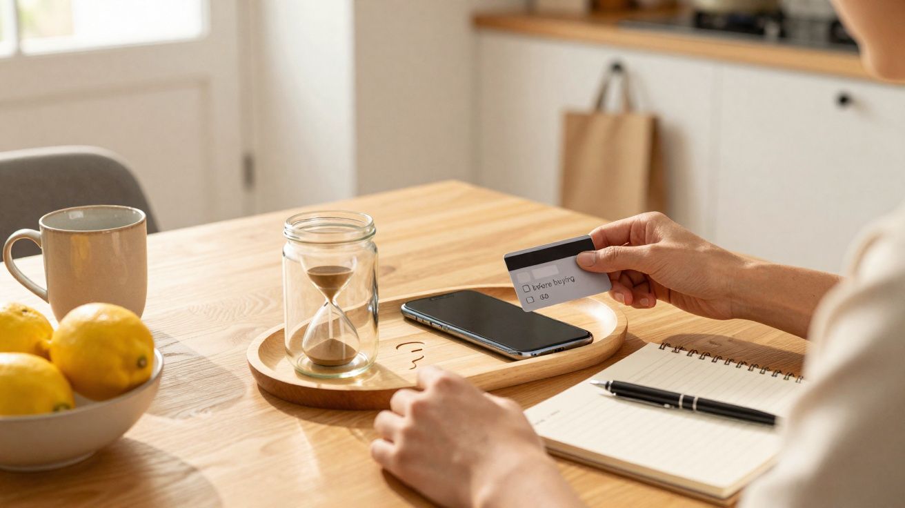 Pessoa a usar cartão de crédito para pagar com telemóvel numa mesa com caderno e relógio de areia.
