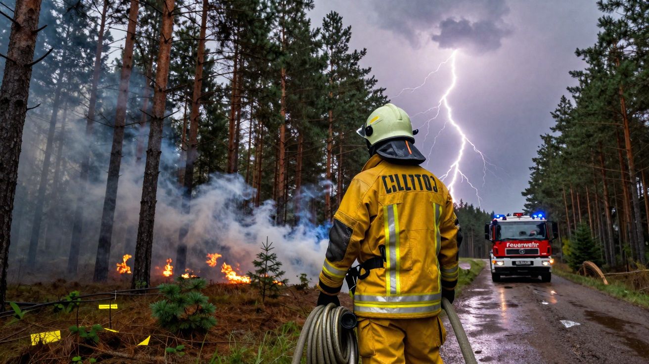 Bombeiro de costas com mangueira observa fogo e relâmpago numa floresta durante tempestade.