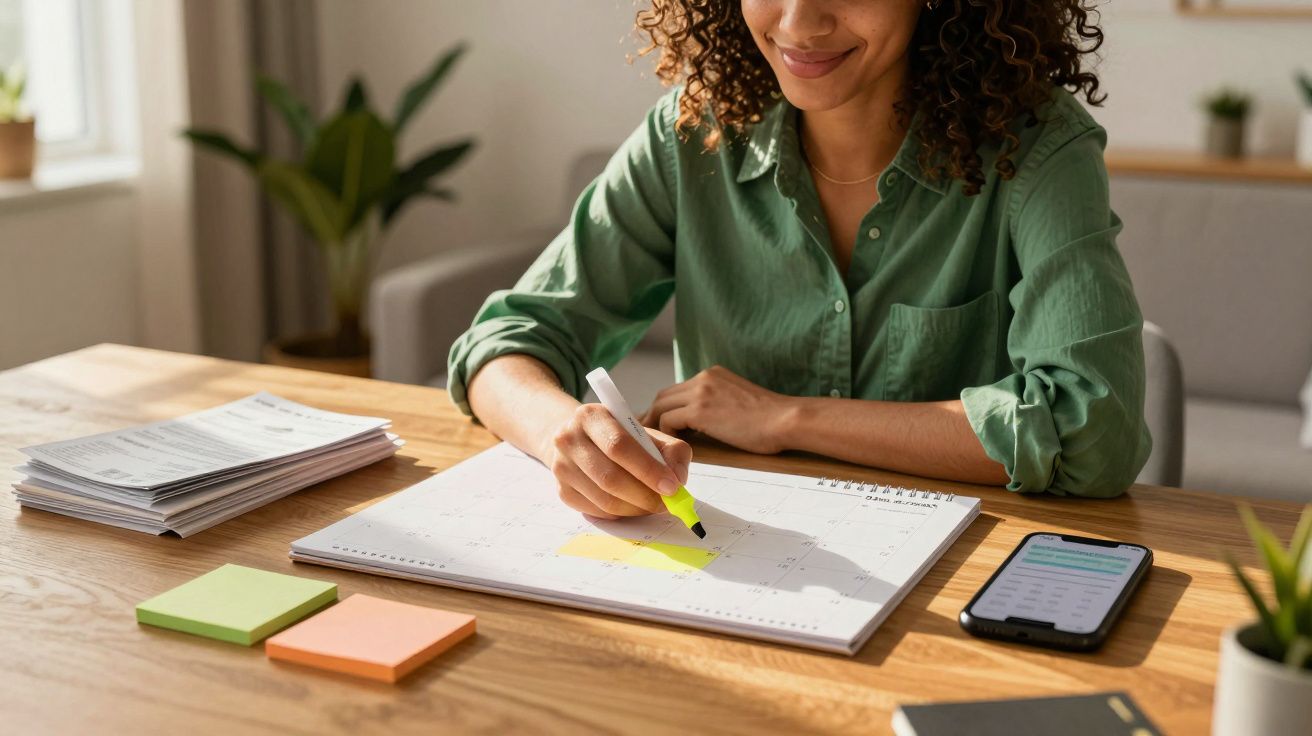 Mulher a sublinhar datas num calendário com marcador amarelo numa mesa com telemóvel e blocos de notas.