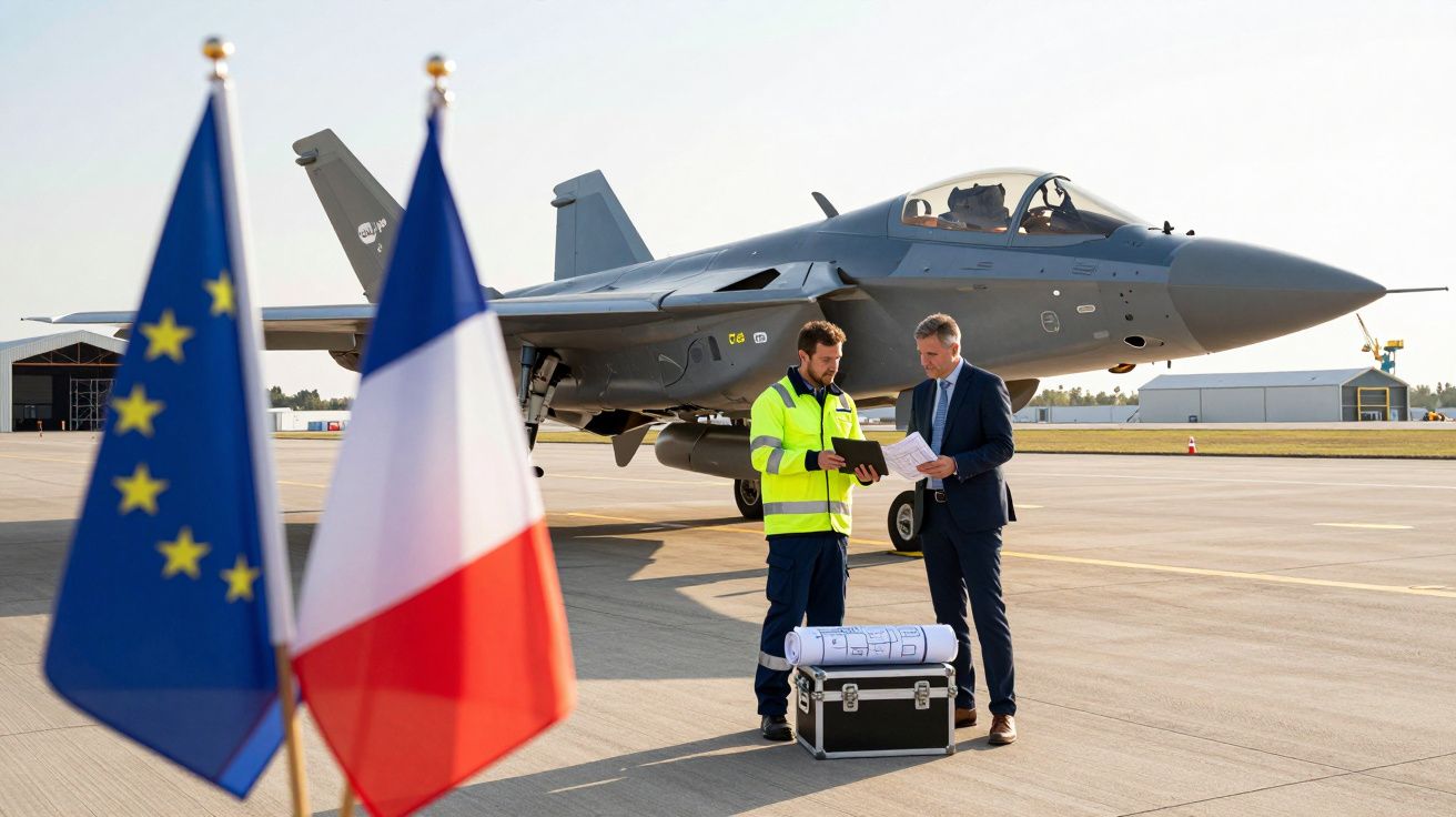 Dois homens em frente a avião militar num aeroporto, com bandeiras da UE e França em primeiro plano.
